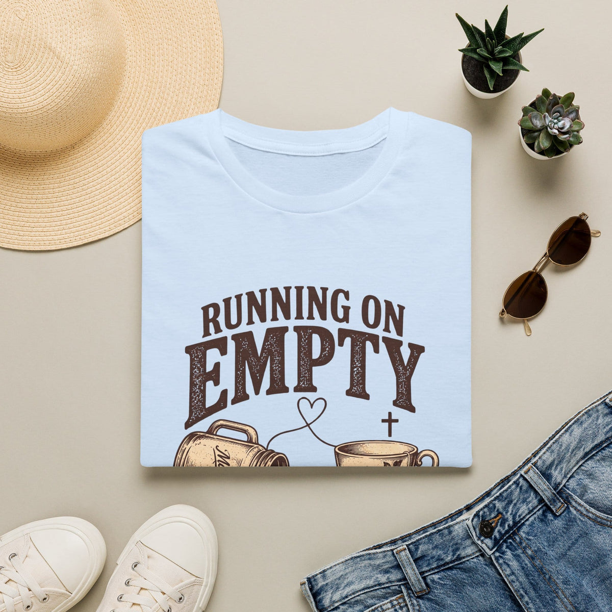 Empty Filled Up t-shirt with tea cup lettering and faith-inspired design