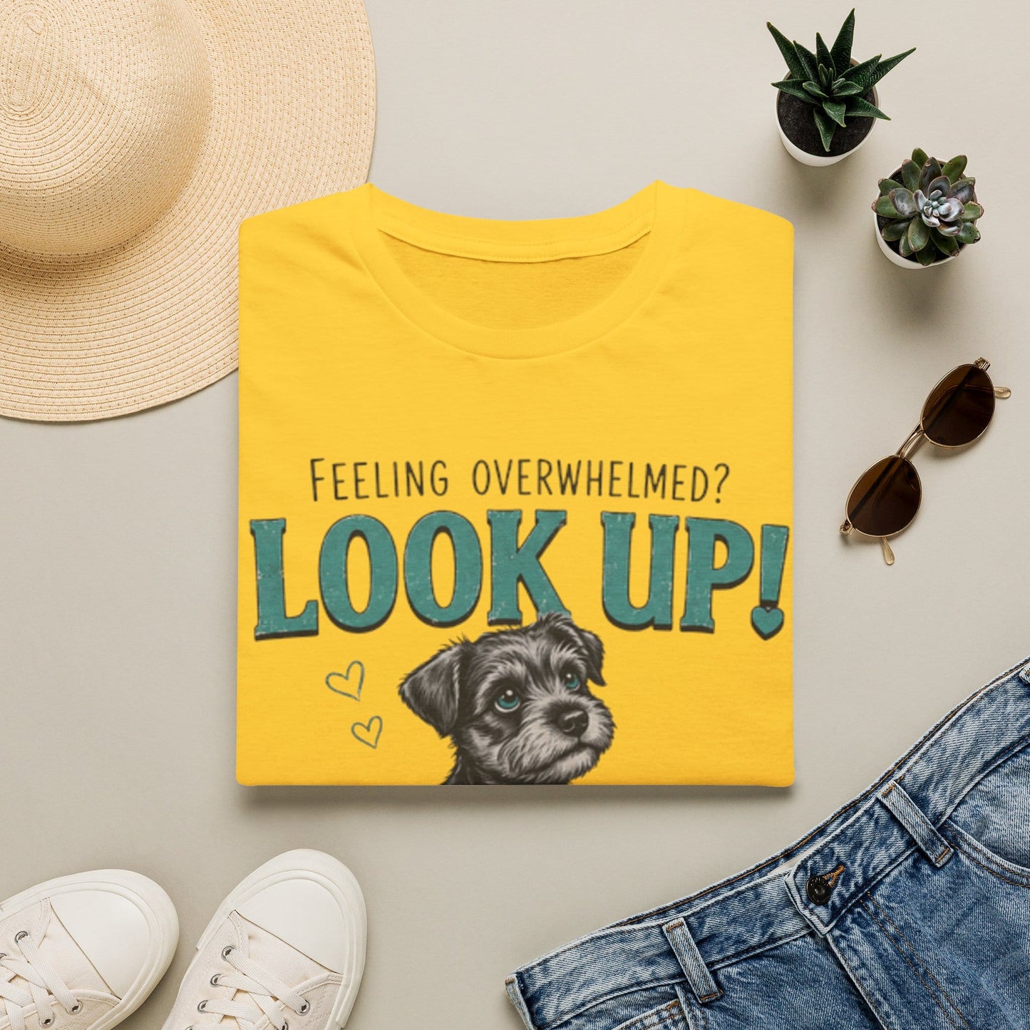 Look Up Christian shirt with cute dog holding Jesus tea mug and 1 Peter 5:7 encouragement text.