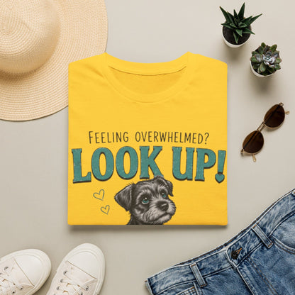 Look Up Christian shirt with cute dog holding Jesus tea mug and 1 Peter 5:7 encouragement text.