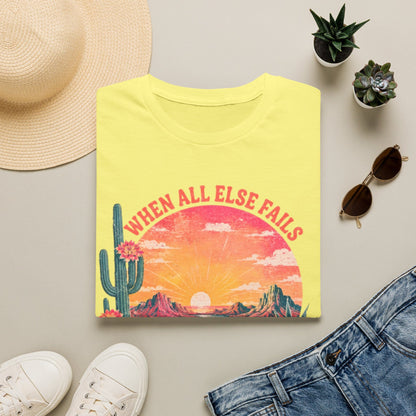 When All Else Fails Jesus and Tea Don’t shirt with desert sunset, cactus, teacup, cross, and Philippians 4:6-7 text.