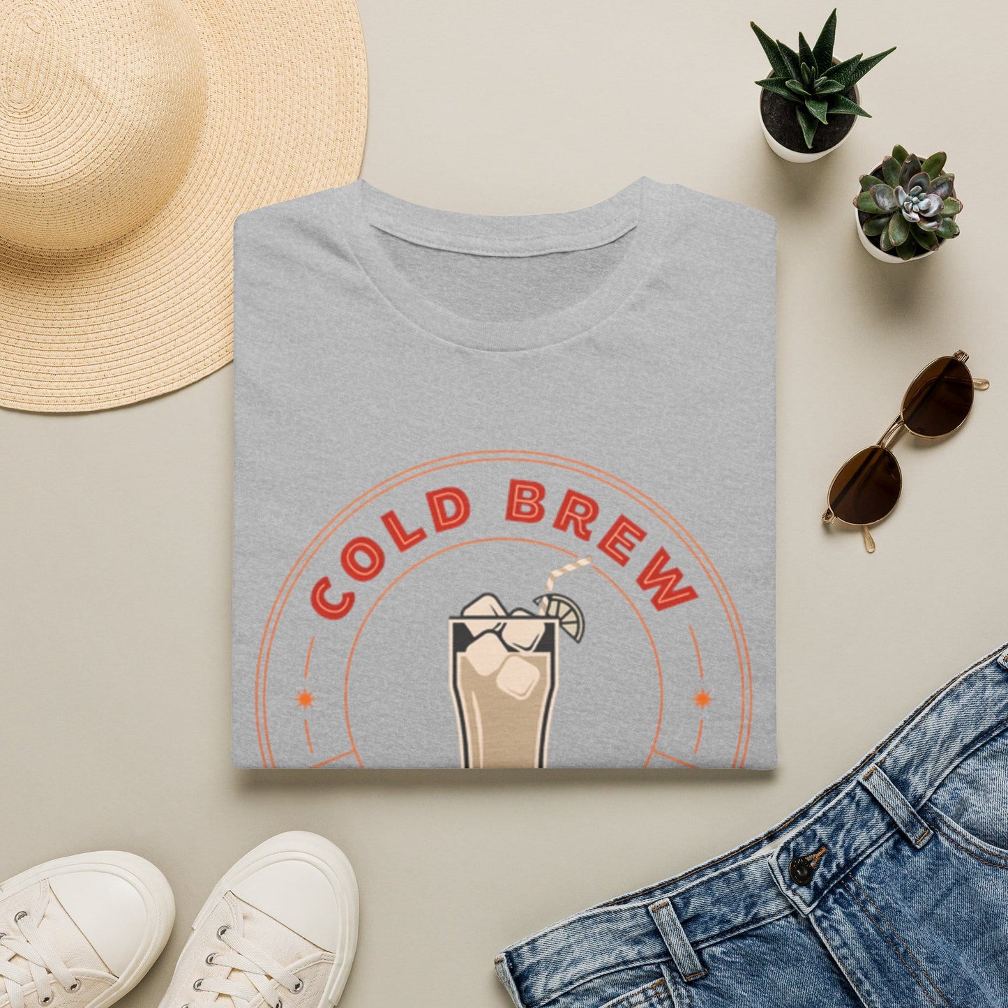 Cold Brew Coffee Co shirt with iced coffee glass, retro badge, orange lettering, and Ice Cold Coffee Co text