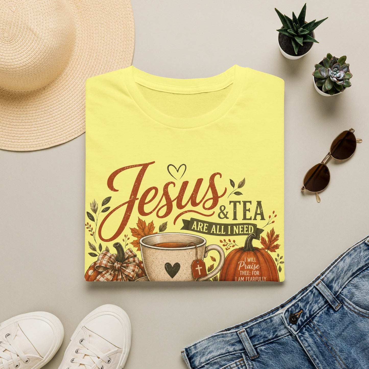 Jesus and Tea Are All I Need shirt with fall teacup, pumpkins, Bible books, leaves, and Psalm-inspired design.