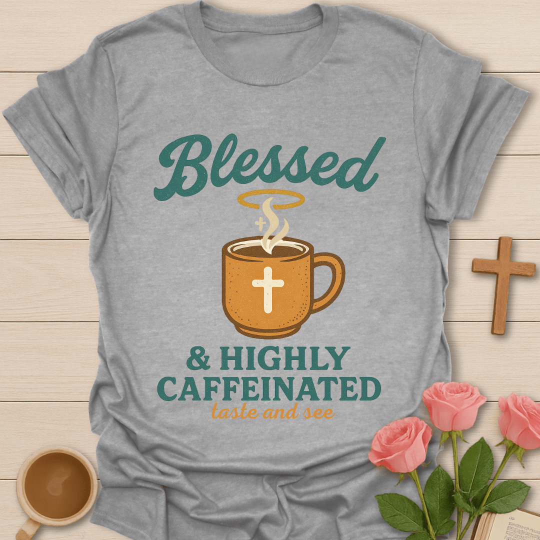 Blessed & Highly Caffeinated T-Shirt KozzyCo Christian and tea lover design