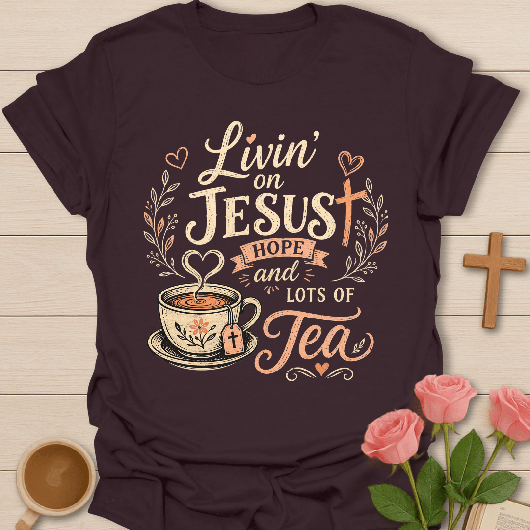 Jesus Hope and Tea shirt with teacup, cross tea tag, hearts, floral accents, and vintage cream and peach lettering. - Dark Chocolate