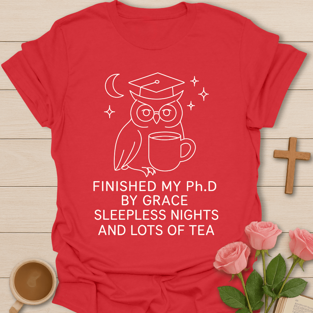 Wise Owl Dissertation Finished shirt with graduate owl, books, graduation cap, and cream lettering. - Red