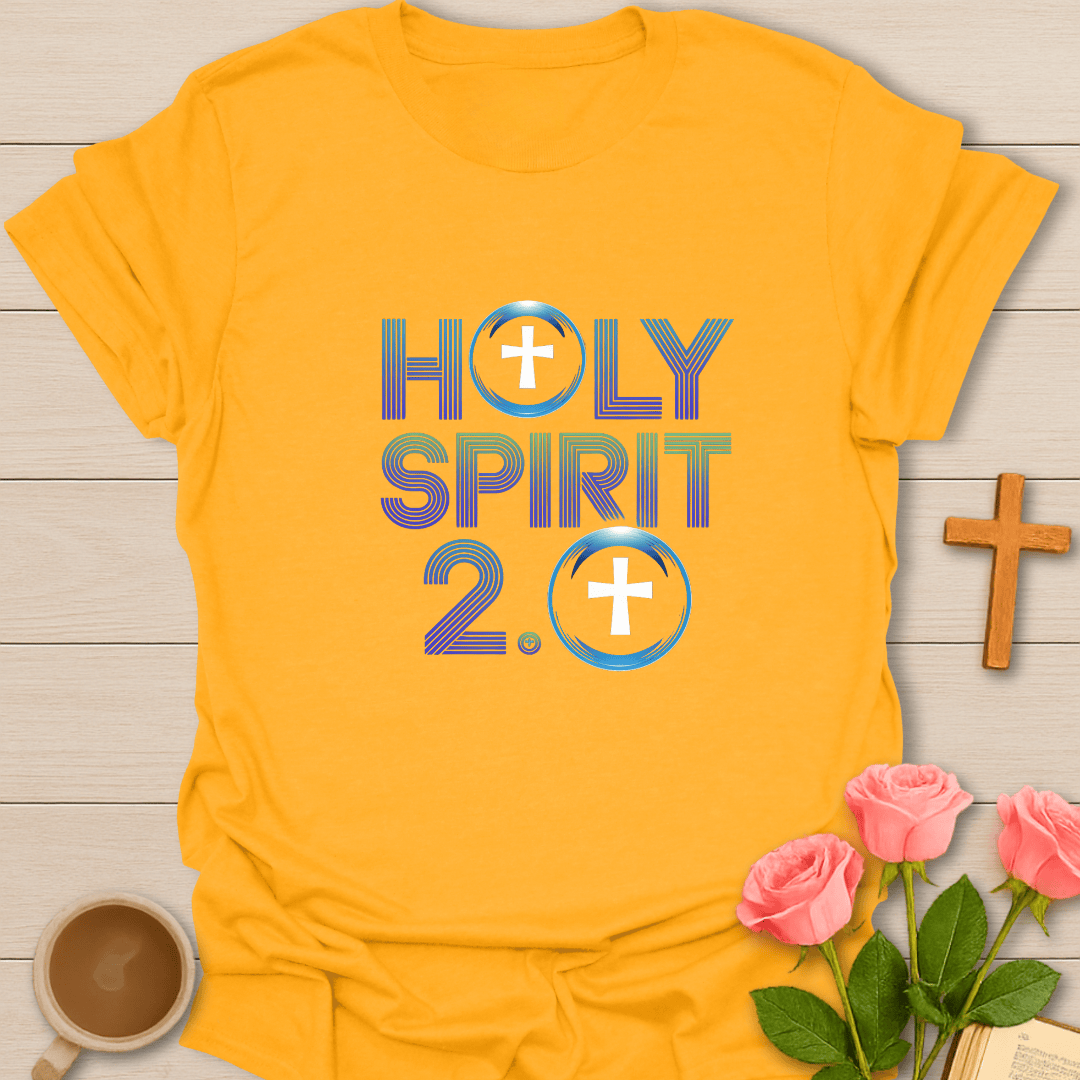 Yellow Holy Spirit 2.0 Christian t-shirt featuring modern typography and cross symbols, inspirational faith apparel for women