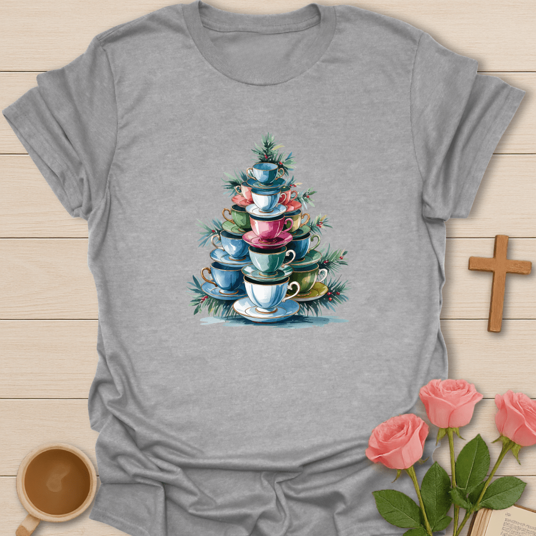 Christmas Teacup Tree T-Shirt - Kozzy Co Sport Grey / S