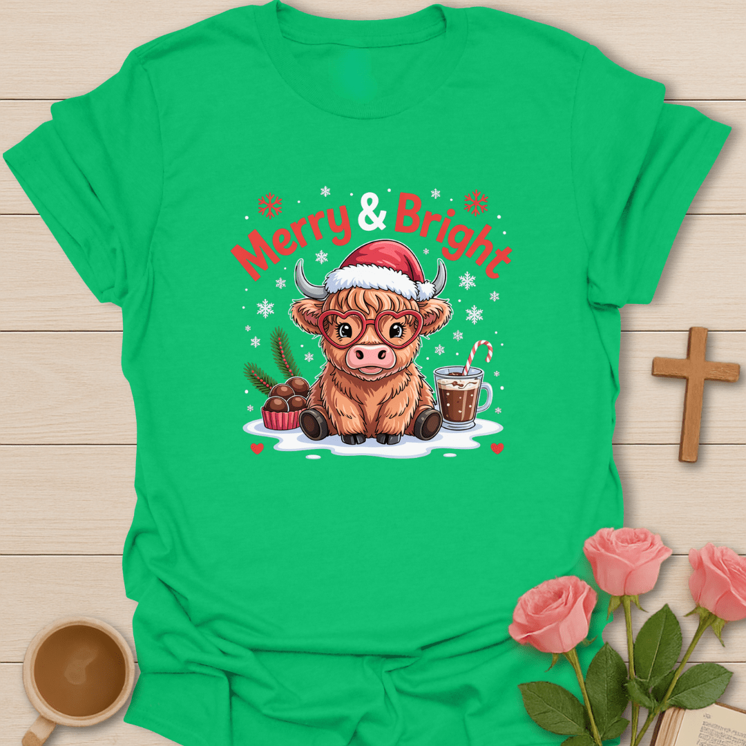 Merry & Bright Highlander Cow Christmas T-Shirt