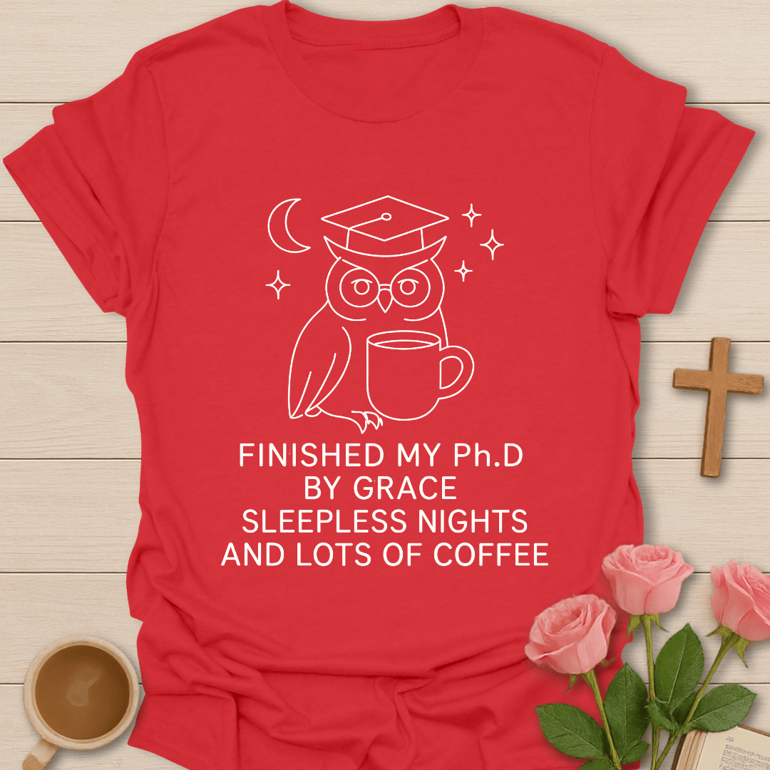 Wise Owl Dissertation Finished shirt with graduate owl, coffee cup, books, and cream lettering. - Red