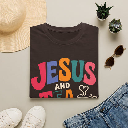 Jesus and Tea shirt with heart artwork and faith-inspired lettering. - Dark Chocolate