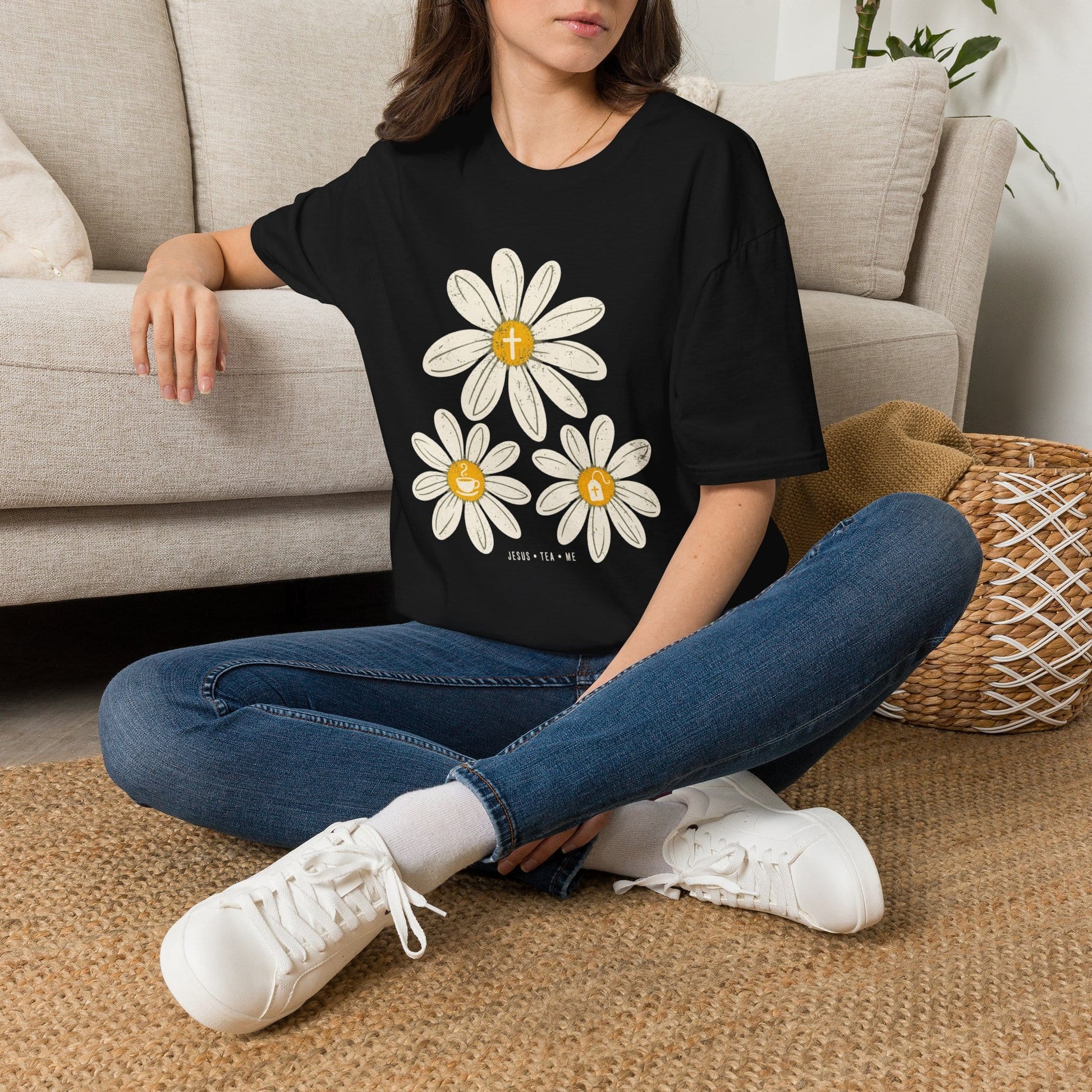 Jesus Tea & Me Daisy shirt with daisy artwork and faith-inspired lettering.