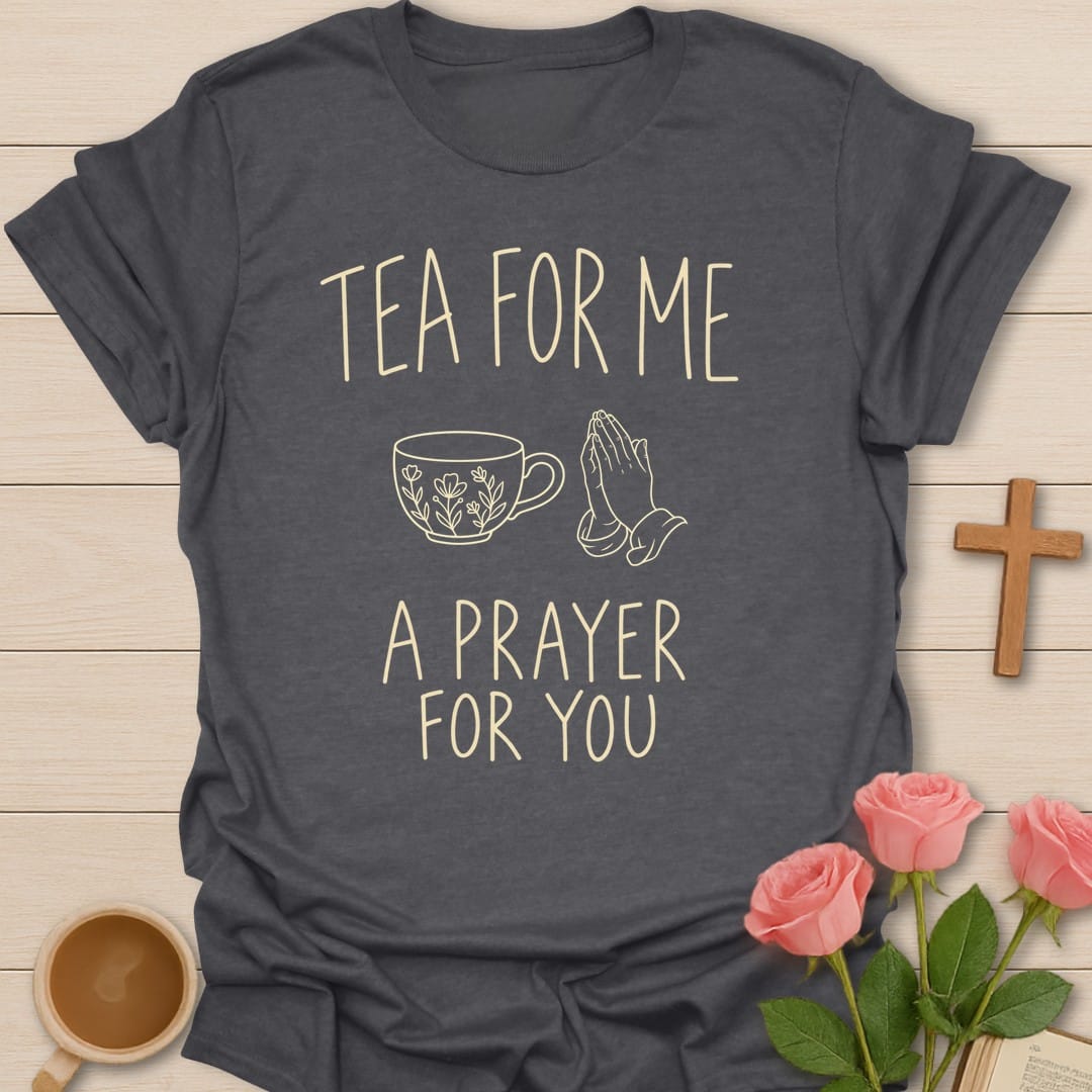 Tea for Me, A Prayer for You lettering with a floral teacup and praying hands line art - Dark Heather