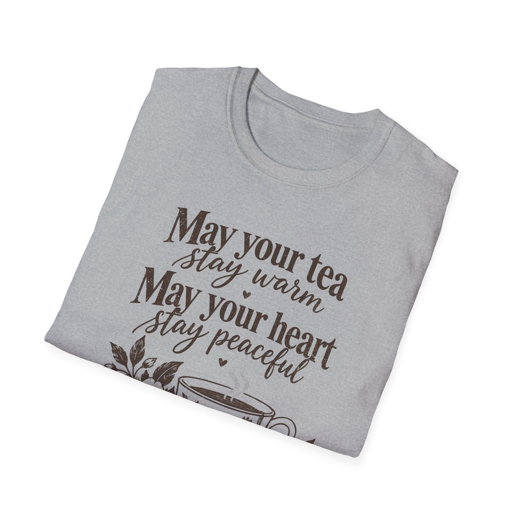May Your Tea Stay Warm, May Your Heart Stay Peaceful, God Has Already Gone Ahead Of You t-shirt with a floral teacup marked with a cross