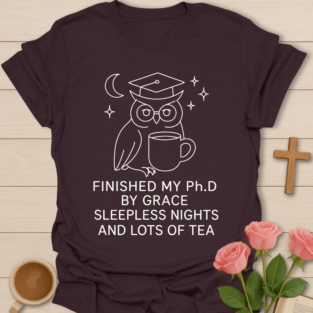 Wise Owl Dissertation Finished shirt with graduate owl, books, graduation cap, and cream lettering. - Dark Chocolate
