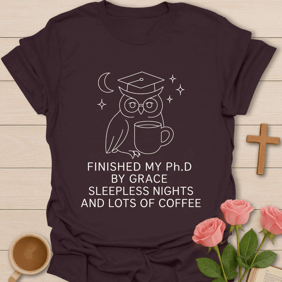 Wise Owl Dissertation Finished shirt with graduate owl, coffee cup, books, and cream lettering. - Dark Chocolate