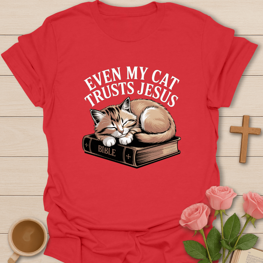 Cat Trusting Jesus T-Shirt - Kozzy Co Red / S