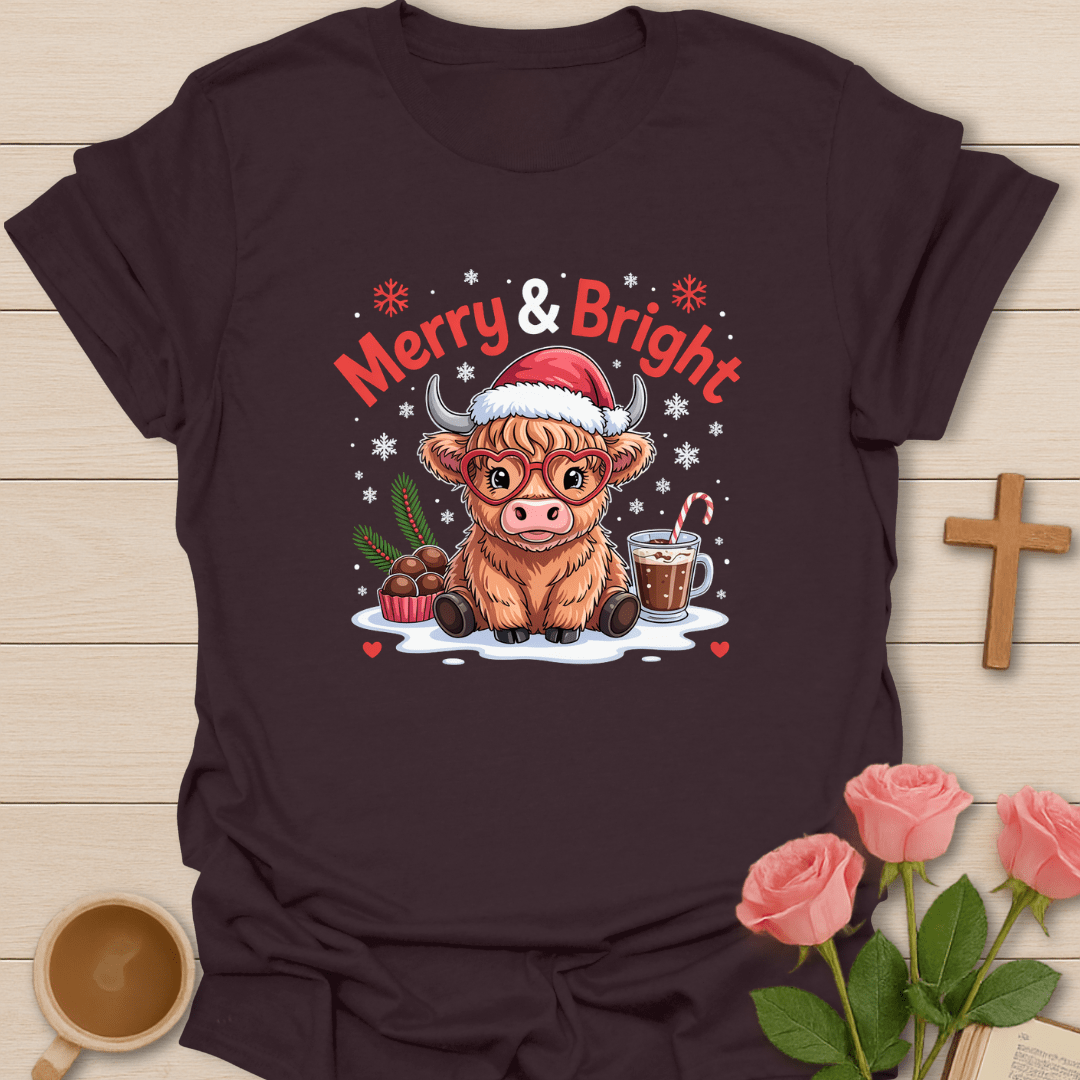 Merry & Bright Highlander Cow Christmas T-Shirt