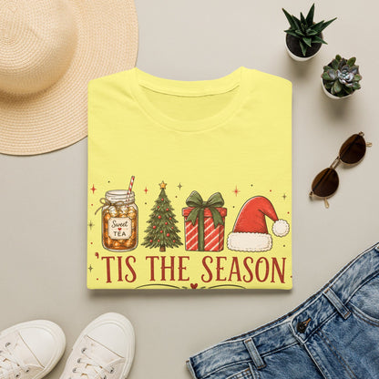 Sweet Tea Tis The Season shirt with mason jar sweet tea, Christmas tree, gift box, Santa hat, stars, and red lettering.