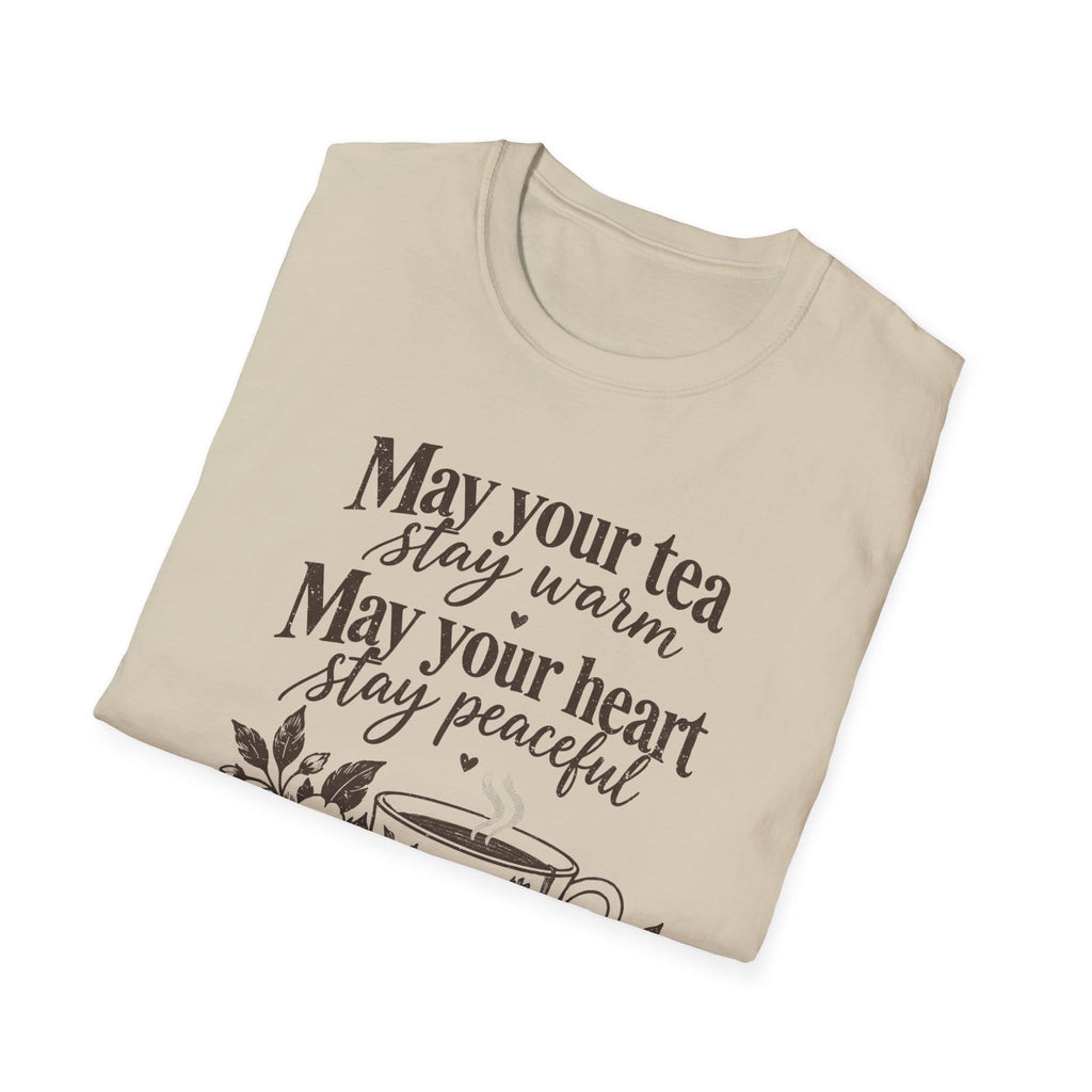 May Your Tea Stay Warm, May Your Heart Stay Peaceful, God Has Already Gone Ahead Of You t-shirt with a floral teacup marked with a cross