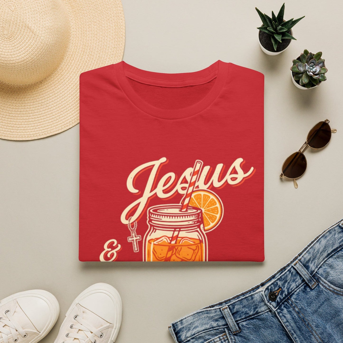 Jesus and Iced Tea shirt with mason jar, orange slice, cross charm, straw, and Southern Comfort text