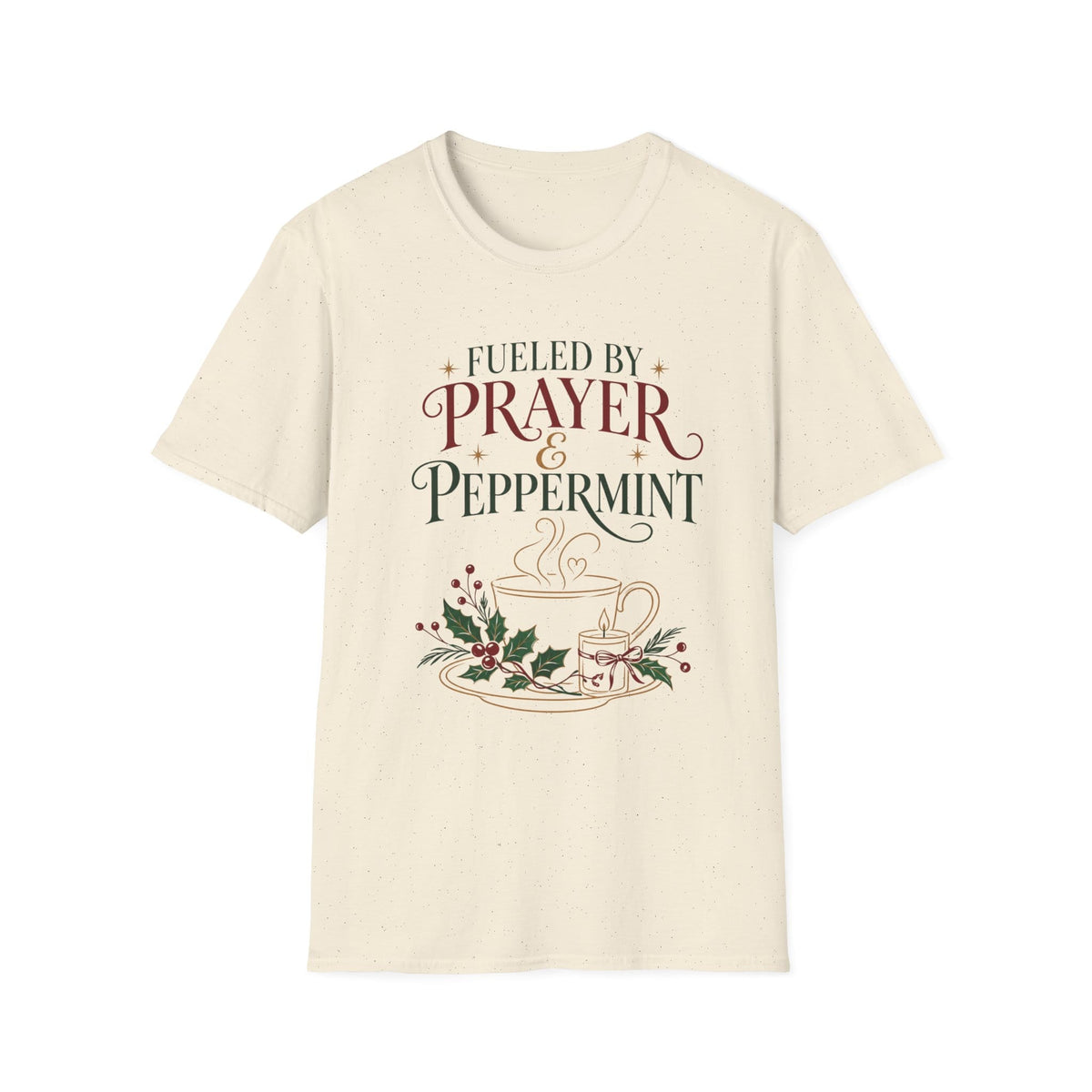 Prayer & Peppermint Christian t-shirt with tea-inspired lettering and faith design - Natural