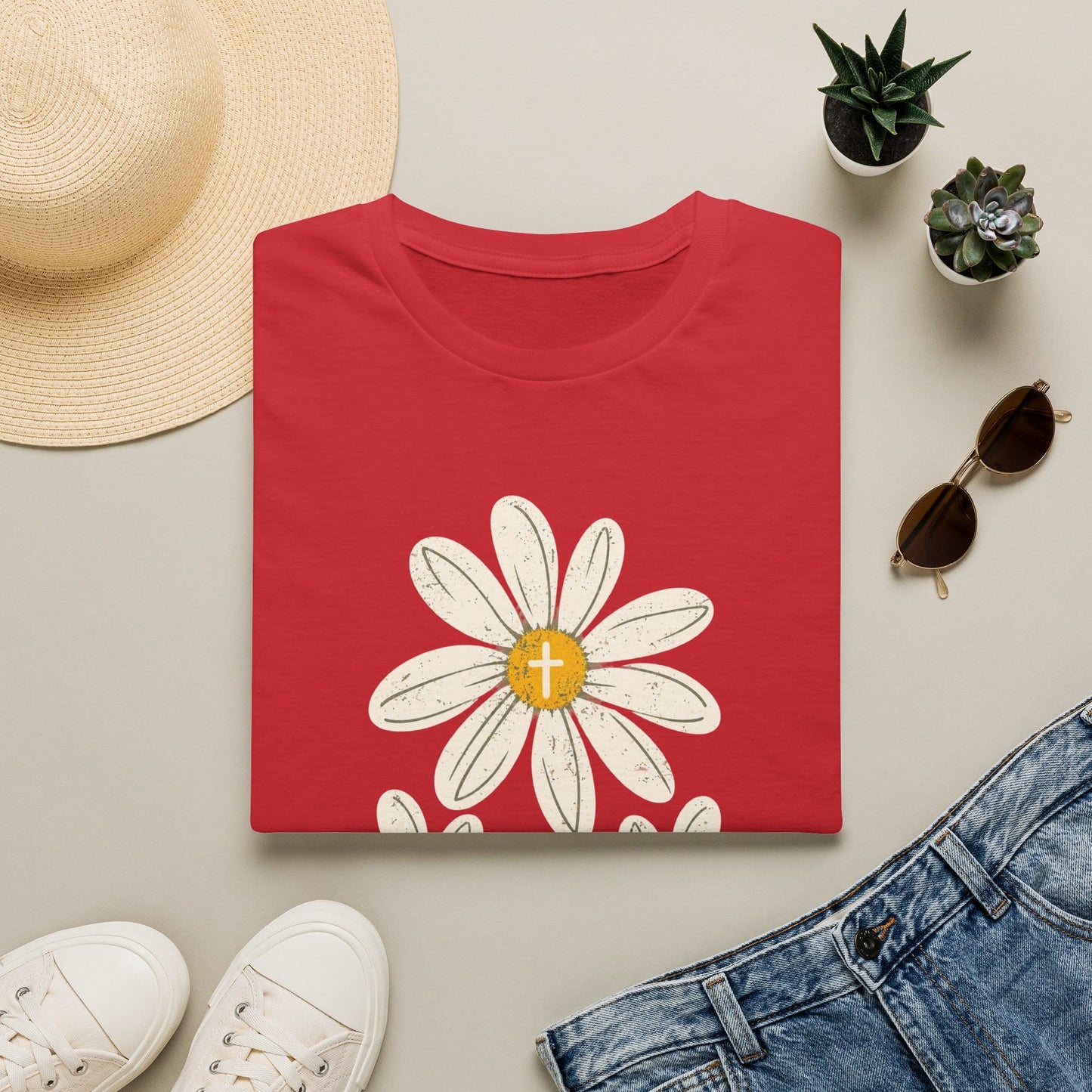 Jesus Tea & Me Daisy shirt with daisy artwork and faith-inspired lettering. - Red