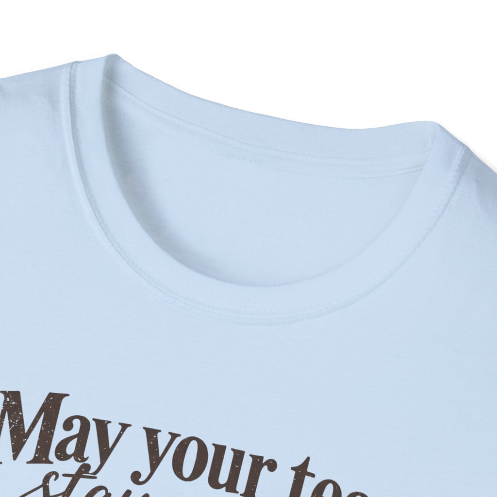 May Your Tea Stay Warm, May Your Heart Stay Peaceful, God Has Already Gone Ahead Of You t-shirt with a floral teacup marked with a cross