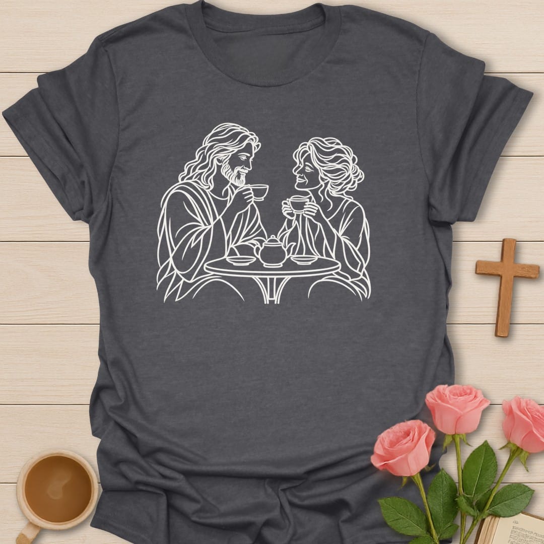 Line art of Jesus and a woman sharing tea together at a small table - Dark Heather