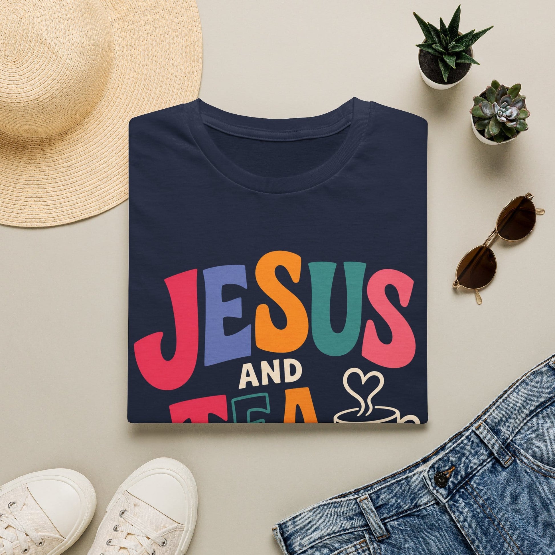 Jesus and Tea shirt with heart artwork and faith-inspired lettering. - Navy