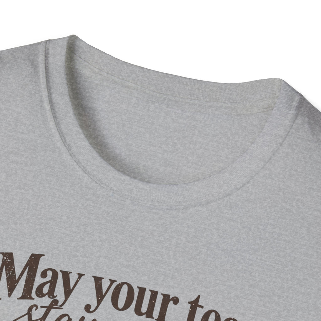 May Your Tea Stay Warm, May Your Heart Stay Peaceful, God Has Already Gone Ahead Of You t-shirt with a floral teacup marked with a cross