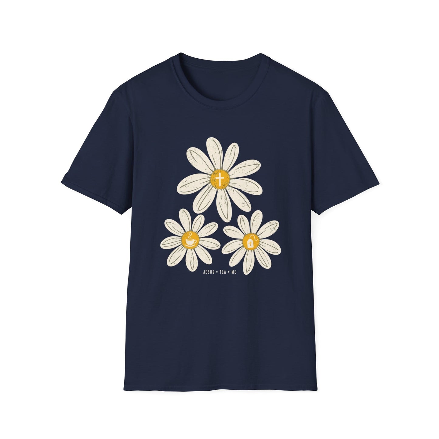 Jesus Tea & Me Daisy shirt with daisy artwork and faith-inspired lettering.