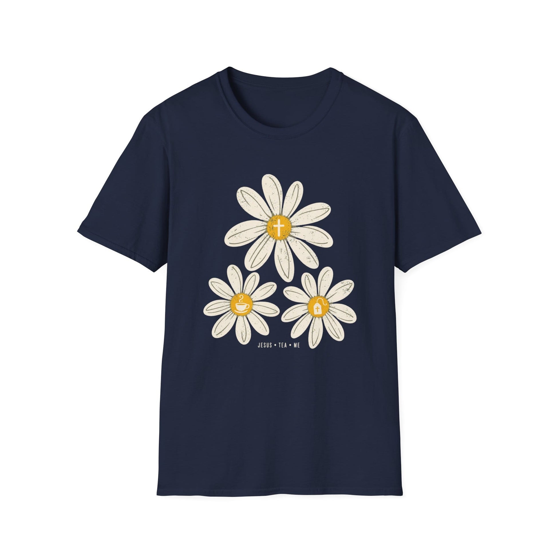 Jesus Tea & Me Daisy shirt with daisy artwork and faith-inspired lettering.
