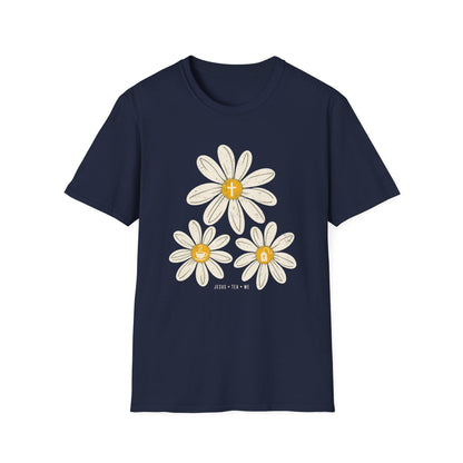 Jesus Tea & Me Daisy shirt with daisy artwork and faith-inspired lettering.