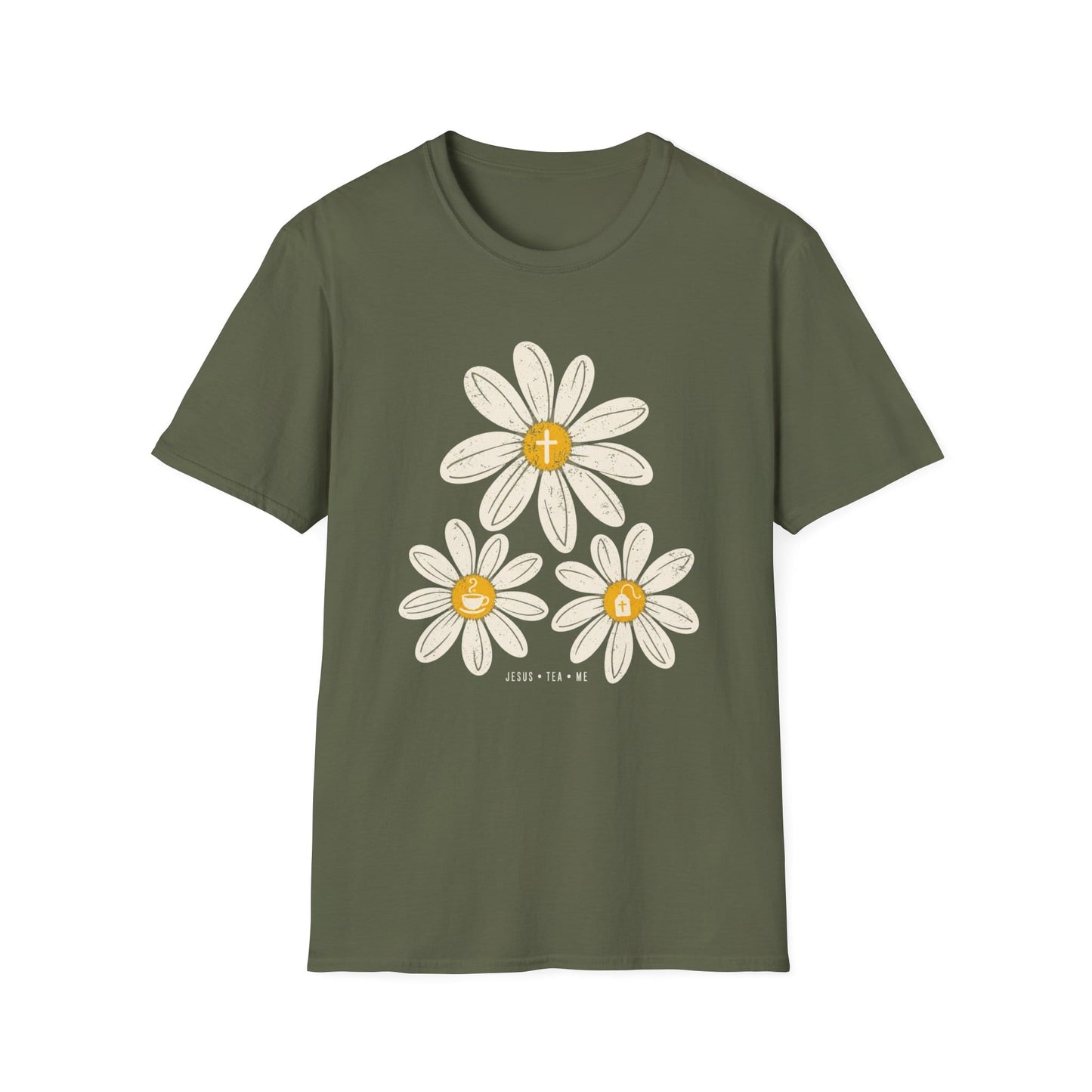 Jesus Tea & Me Daisy shirt with daisy artwork and faith-inspired lettering.