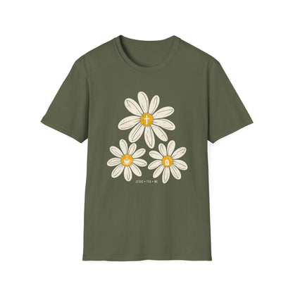 Jesus Tea & Me Daisy shirt with daisy artwork and faith-inspired lettering.