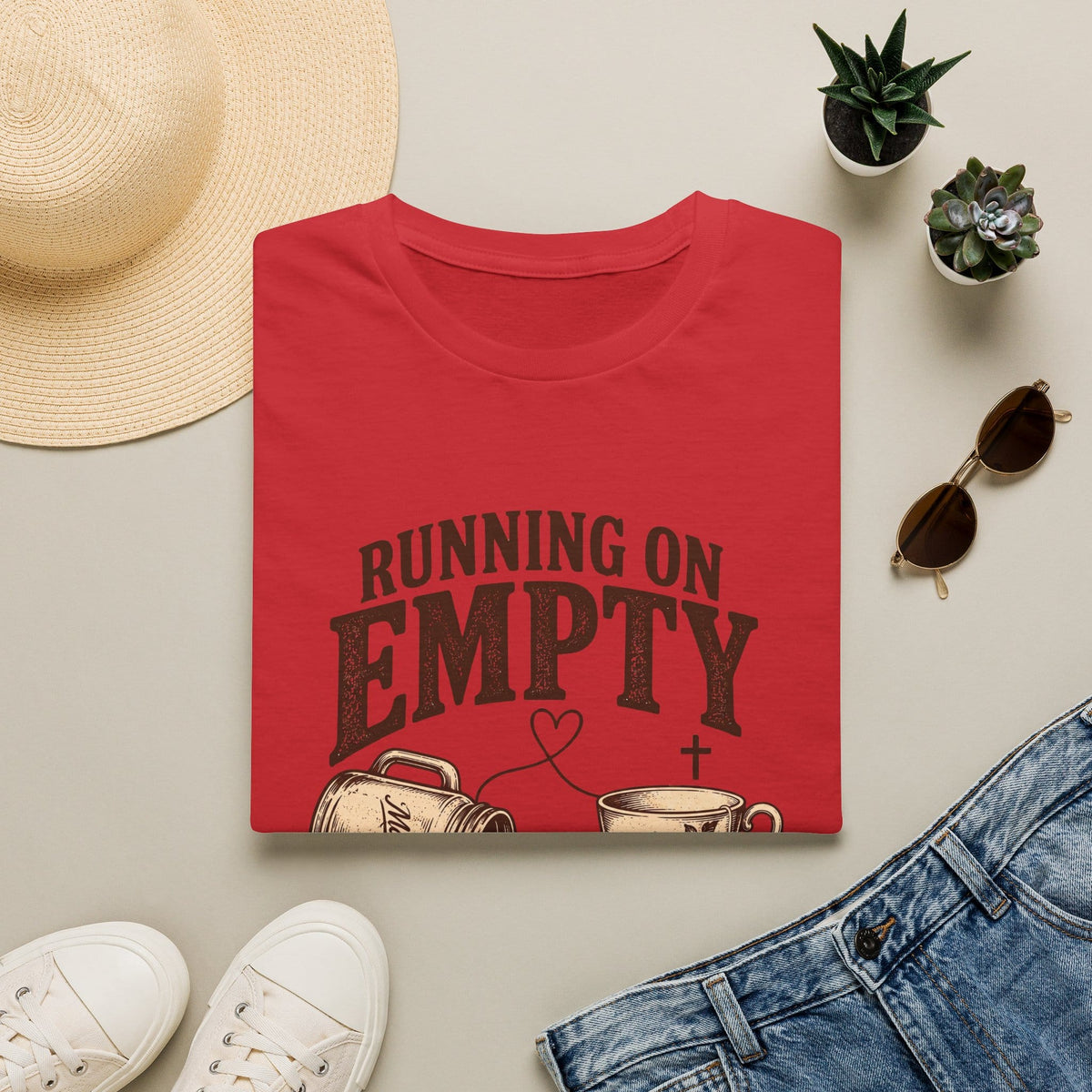 Empty Filled Up t-shirt with tea cup lettering and faith-inspired design