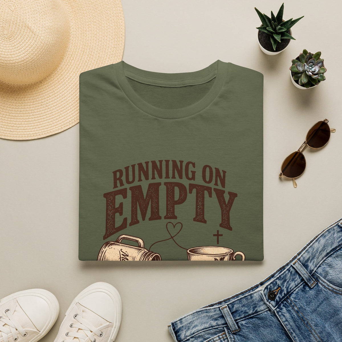 Empty Filled Up t-shirt with tea cup lettering and faith-inspired design