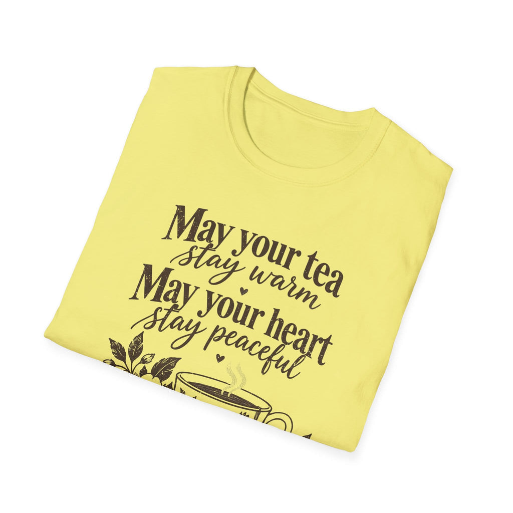 May Your Tea Stay Warm, May Your Heart Stay Peaceful, God Has Already Gone Ahead Of You t-shirt with a floral teacup marked with a cross