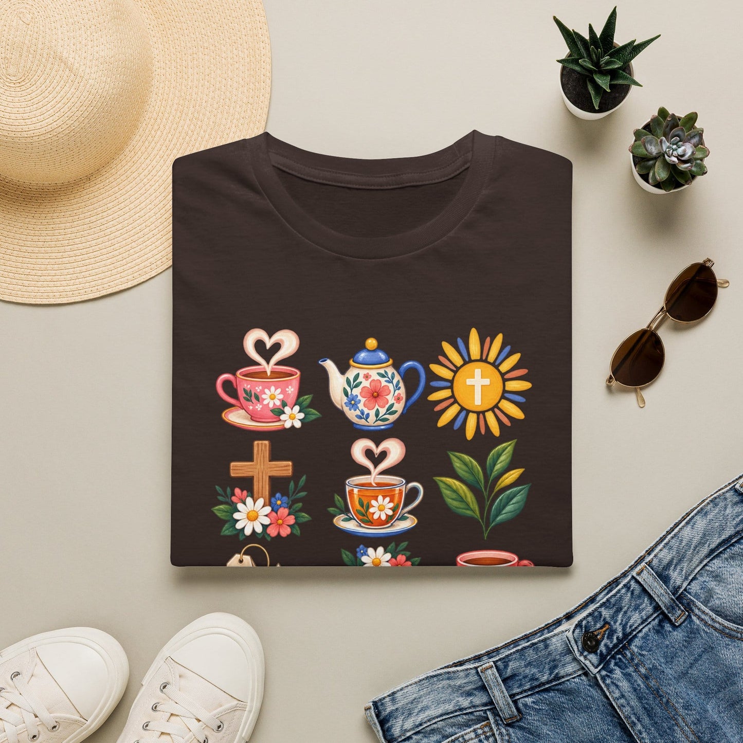 Retro Christian tea lover shirt with vintage-style lettering and faith-inspired design. - Dark Chocolate