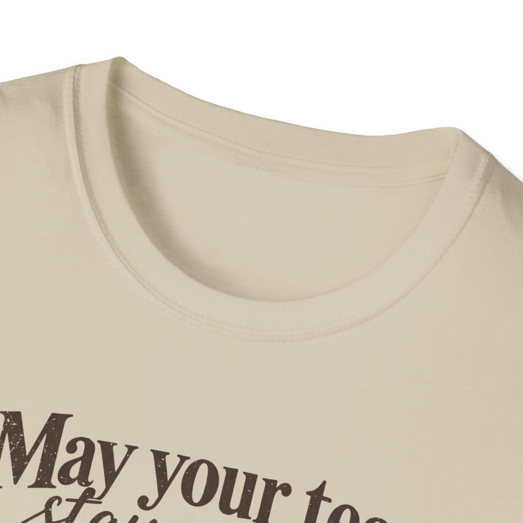 May Your Tea Stay Warm, May Your Heart Stay Peaceful, God Has Already Gone Ahead Of You t-shirt with a floral teacup marked with a cross