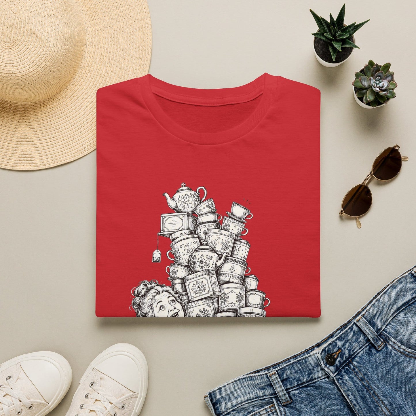 Too Much Tea shirt with playful lettering and faith-inspired design. - Red