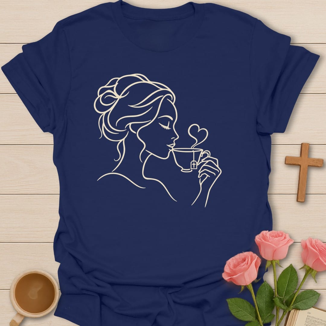 Line art of a woman sipping tea from a teacup with a heart-shaped steam swirl - Navy