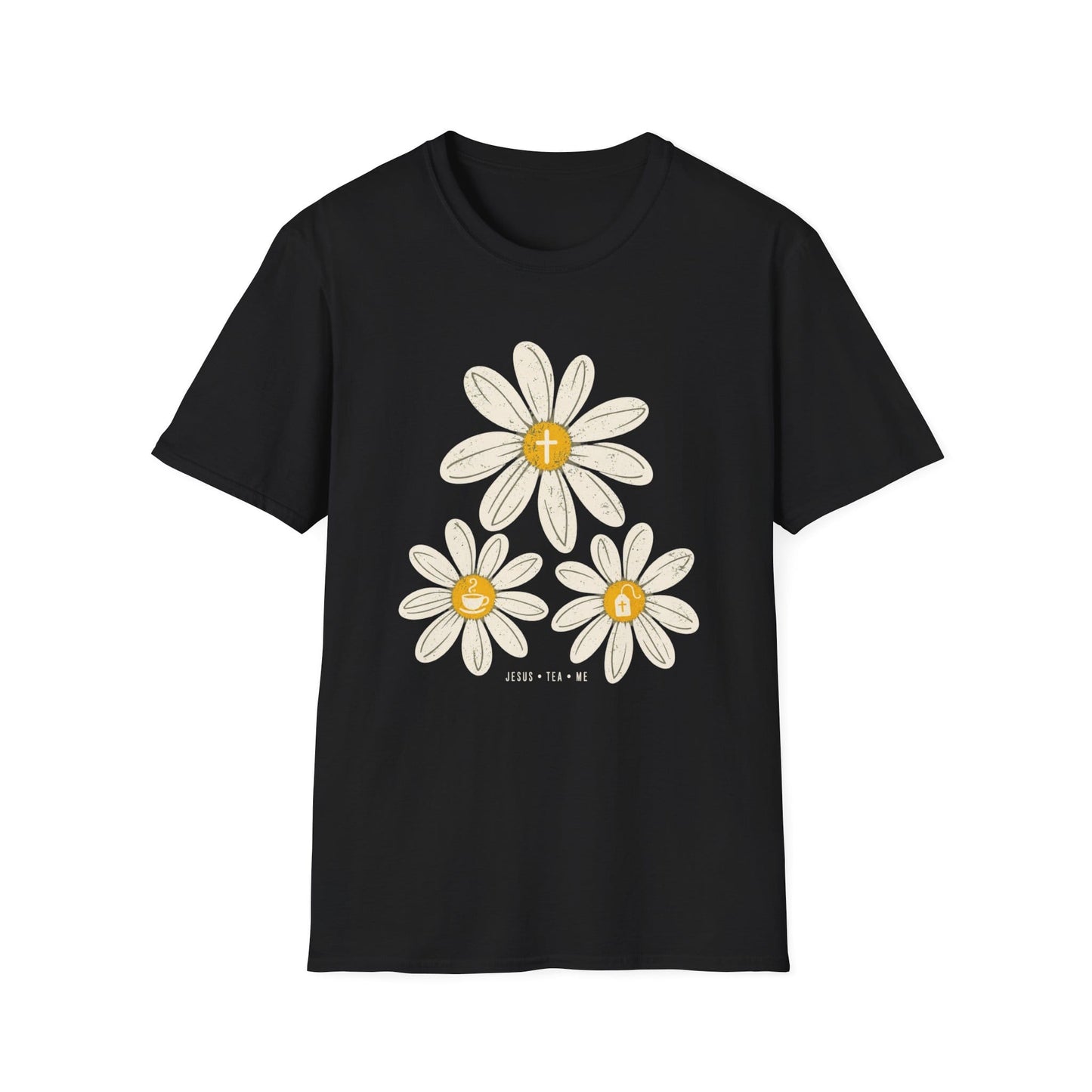Jesus Tea & Me Daisy shirt with daisy artwork and faith-inspired lettering.