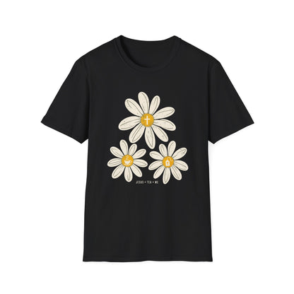 Jesus Tea & Me Daisy shirt with daisy artwork and faith-inspired lettering.