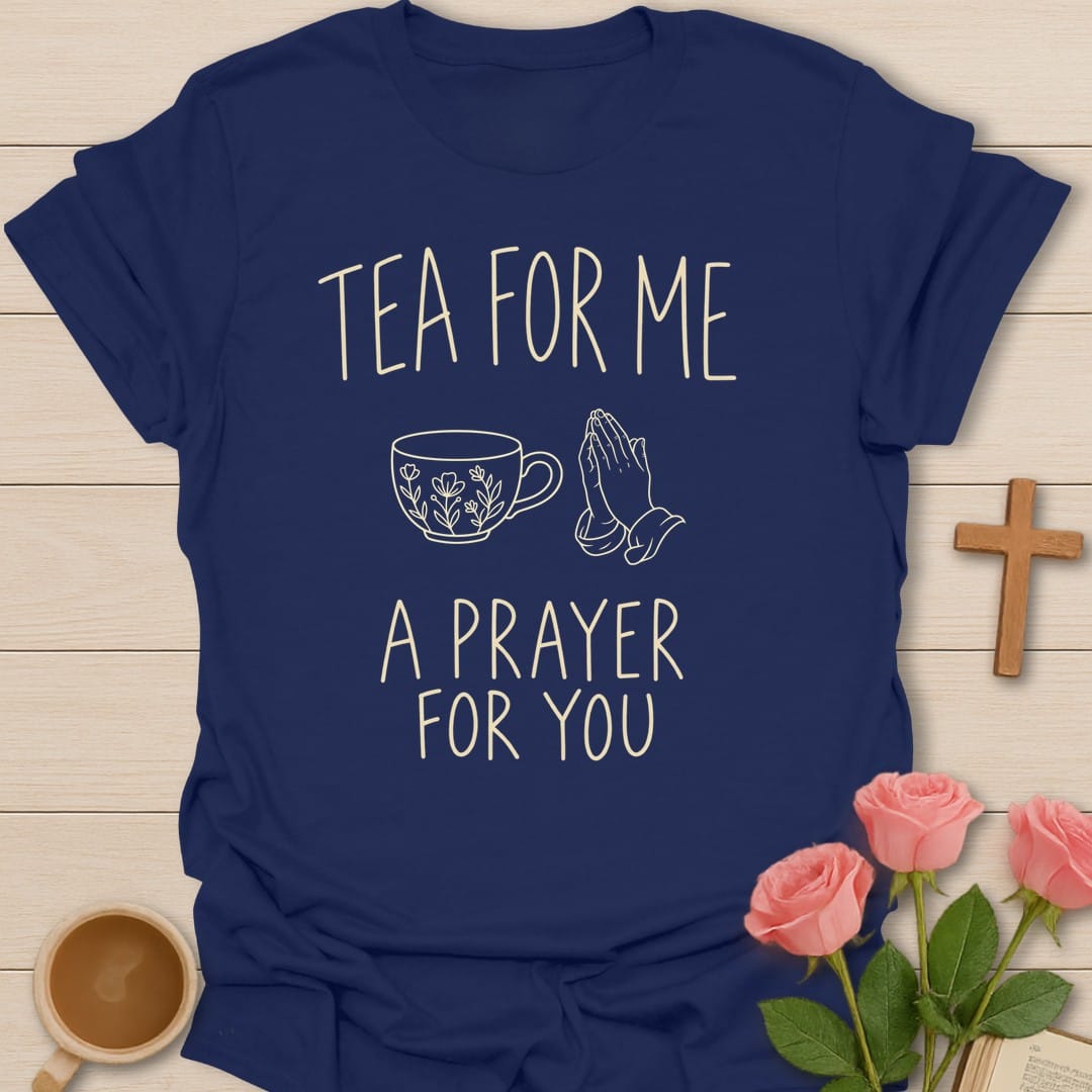 Tea for Me, A Prayer for You lettering with a floral teacup and praying hands line art - Navy