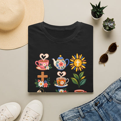Retro Christian tea lover shirt with vintage-style lettering and faith-inspired design. - Black