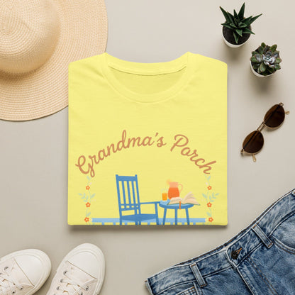 Grandma’s Porch shirt with rocking chair, sweet tea, open Bible, floral wreath, and Sweet Tea and Scripture text