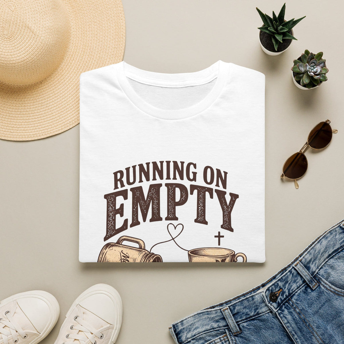 Empty Filled Up t-shirt with tea cup lettering and faith-inspired design