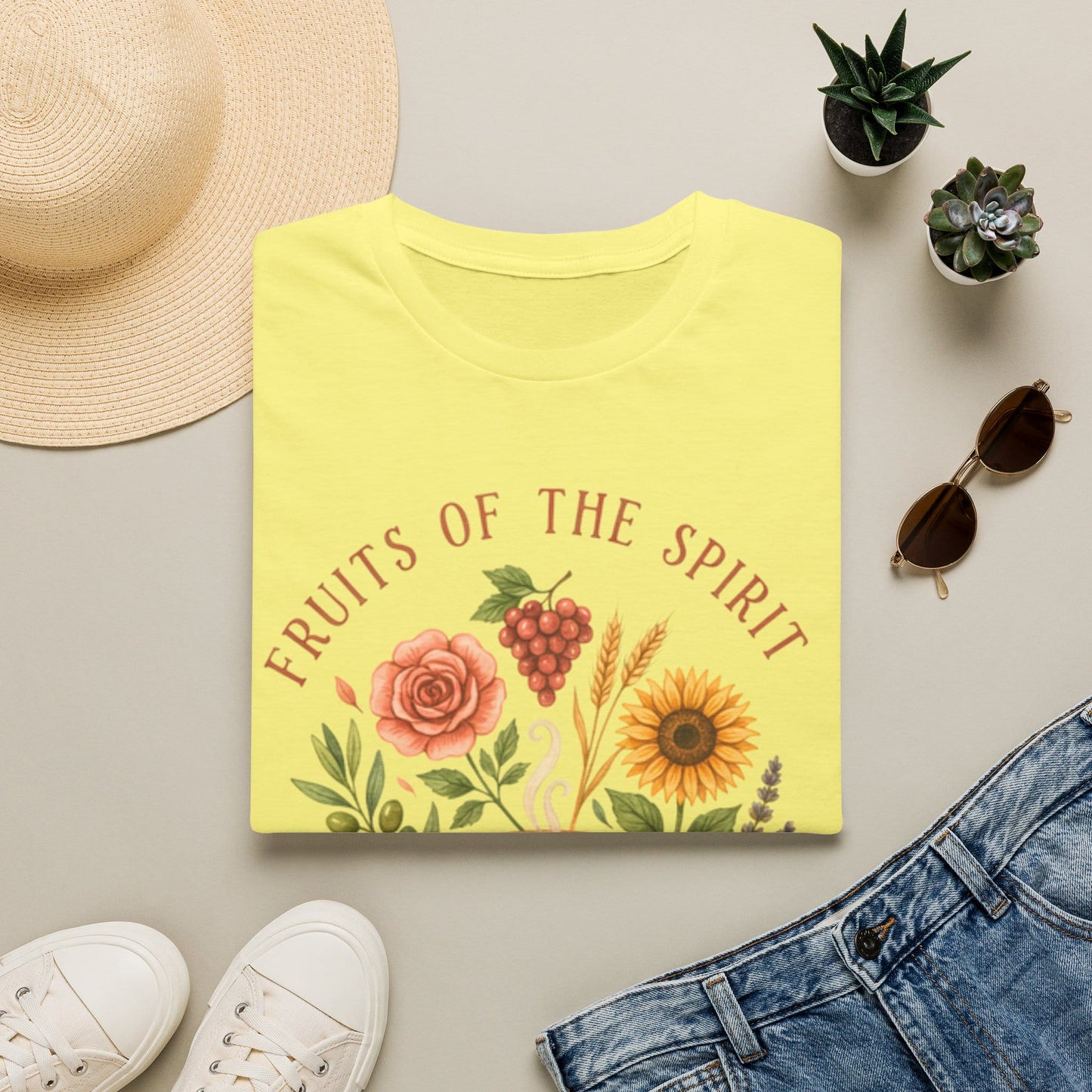 Fruit of the Spirit tea shirt with teacup, fruit wreath, flowers, grapes, pomegranate, and Galatians 5 verse