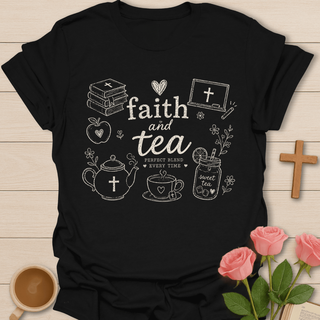 Faith and Tea Perfect Blend shirt with cream chalk-style lettering, teapot with cross, tea cup, sweet tea jar, books, chalkboard, apple, florals, and hearts.